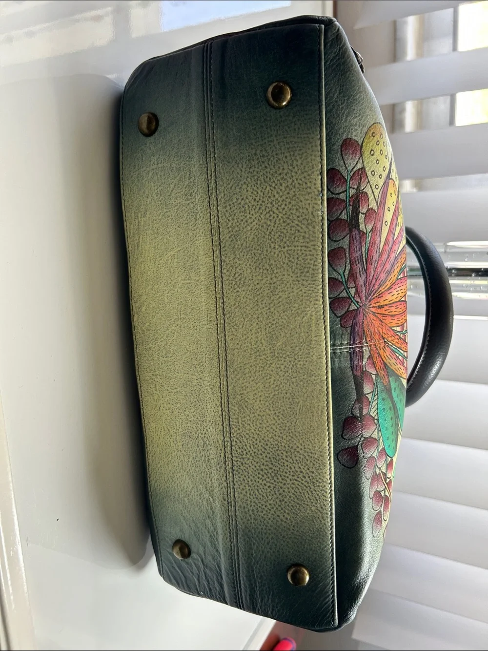 Anuschka Hand Painted Flowers & Bird Theme Leather Satchel & Shoulder Strap